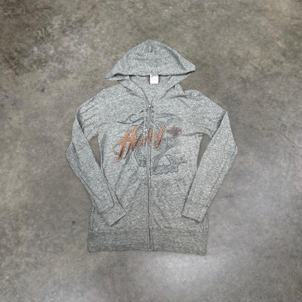 Harley Davidson Women's Y2K Zip Up‎ Hoodie Gray Small Streetwear